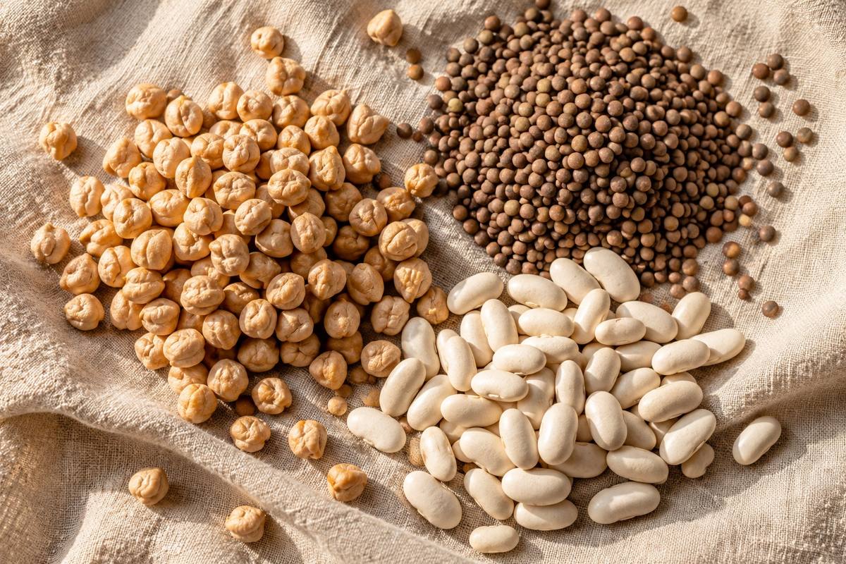 Ceci, lenticchie e fagioli bianchi su un telo di lino